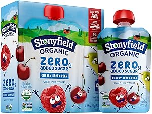 Stonyfield Organic Kids Zero G Added Sugar Whole Milk Yogurt Pouches, Cherry Berry Pear, 3.5 oz., 4Ct