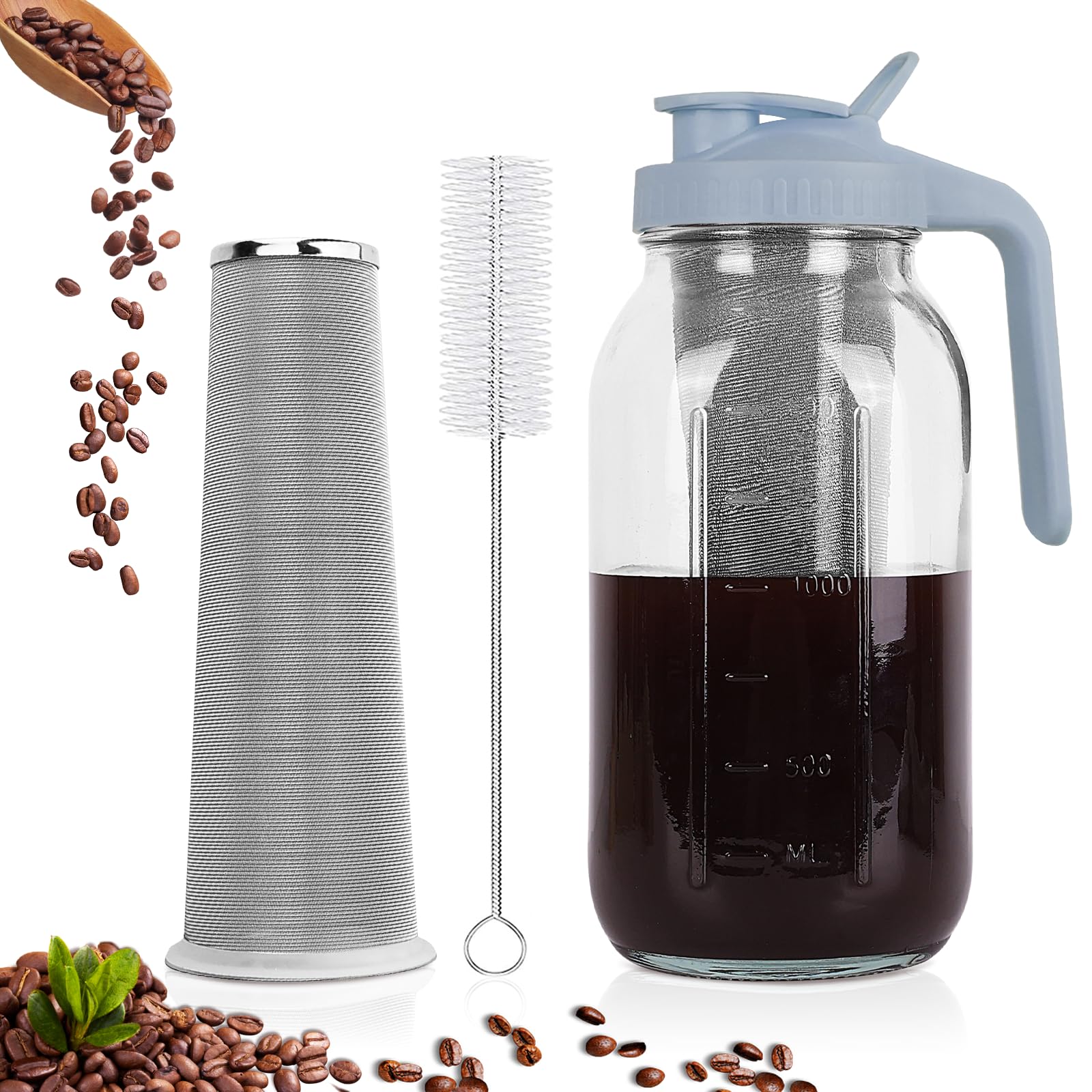 QHH Cold Brew Coffee Maker,64 oz Mason Jar Pitcher with Stainless Steel Filter, Pour Spout Handle Lid, Heavy Duty Glass Airtight & Leak-Proof Pitcher for iced coffee Tea Lemonade-Gray