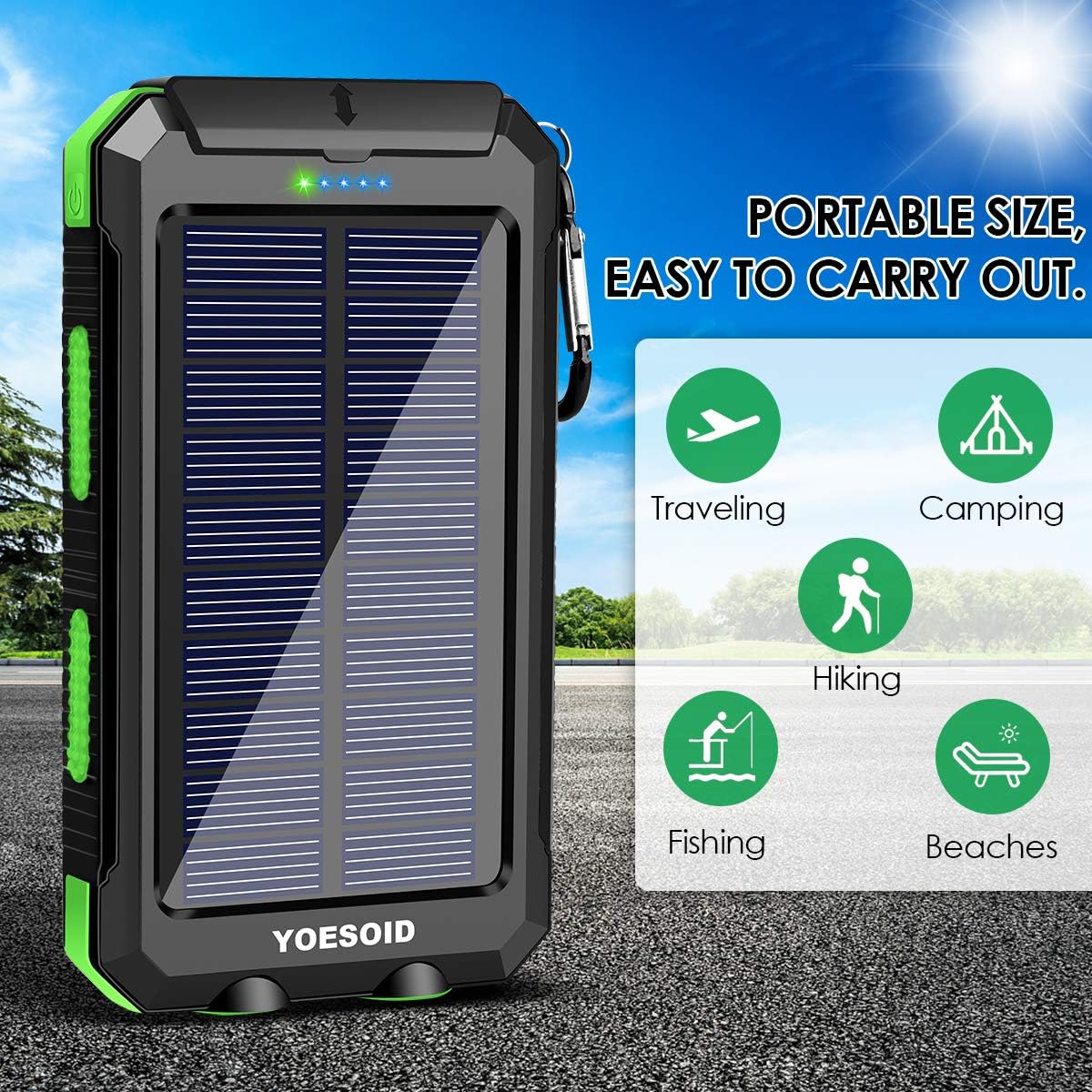Solar Charger 20000mAh YOESOID Portable Solar Power Bank Outdoor Waterproof Camping External Backup Battery Pack with Dual USB Ports 2 LED Light Carabiner and Compass, Compatible Most Smart Phones