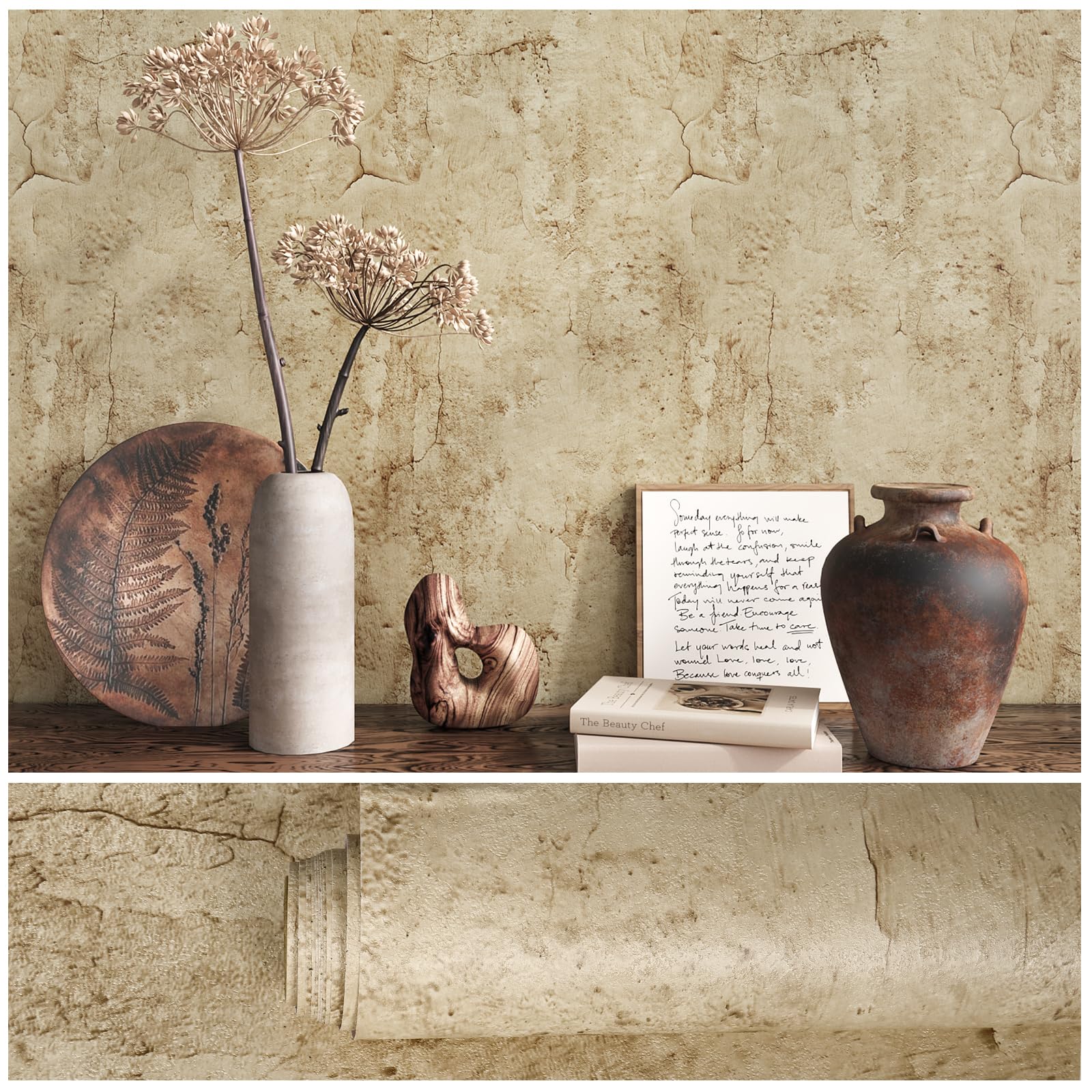 VEELIKE Aged Tan Concrete Wallpaper Peel and Stick Textured Distressed Concrete Look Wallpaper for Bedroom Living Room Bathroom Industrial Concrete Contact Paper Removable Waterproof 40cmx300cm