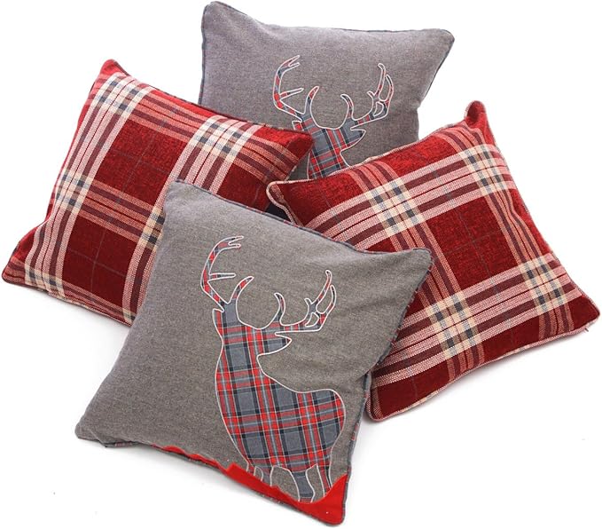 Set of 4 Tartan Stag & Tartan Check Red Burgundy & Grey Collection 18" Cushion Covers Amazon.co
