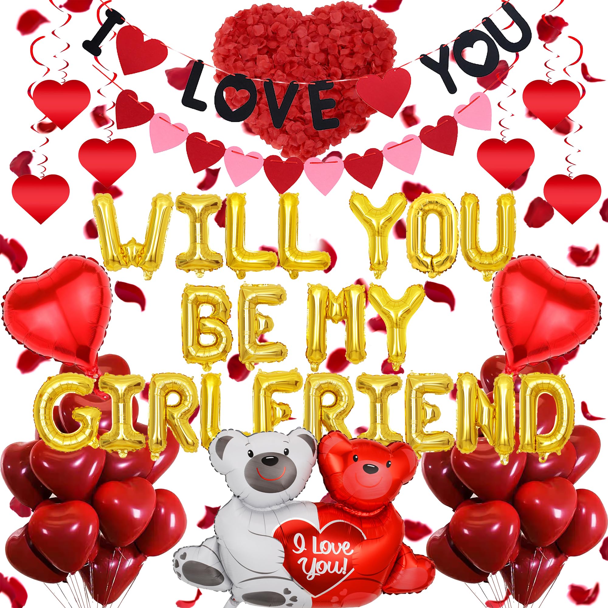 Will You Be My Girlfriend - 552 Pcs Romantic Decorations Including Letter Foil Balloons, I Love You Banner, Latex Balloon and Artificial Rose Petals for Proposal Valentine Anniversary Decorations