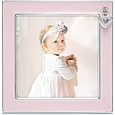 MIMOSA MOMENTS Silver Plated Metal Baby Picture Frame with Pink Enamel and a Heart Charm (4x4, Silver & Pink)