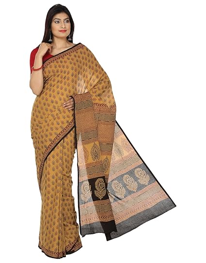 Finest Quality Cotton - Handmade Suttle Yellow, Maroon and Black Booti with Bold Prints - Bagh Block Print Saree with Blouse Piece