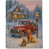 ainori Dog Christmas Decorative Blanket, Golden Retriever and Red Truck Print Throw Decoration, Soft Flannel Winter Blankets for Couch Bed Sofa, Holiday Home Decor, Xmas Festival Gifts 50x60 Inch