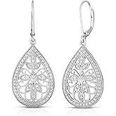 Natalia Drake 1/10 Cttw Diamond Dangle Earrings for Women in Rhodium Plated 925 Sterling Silver Antique Style Teardrop Filagree Lever Back Drop Womens Bridal Earring