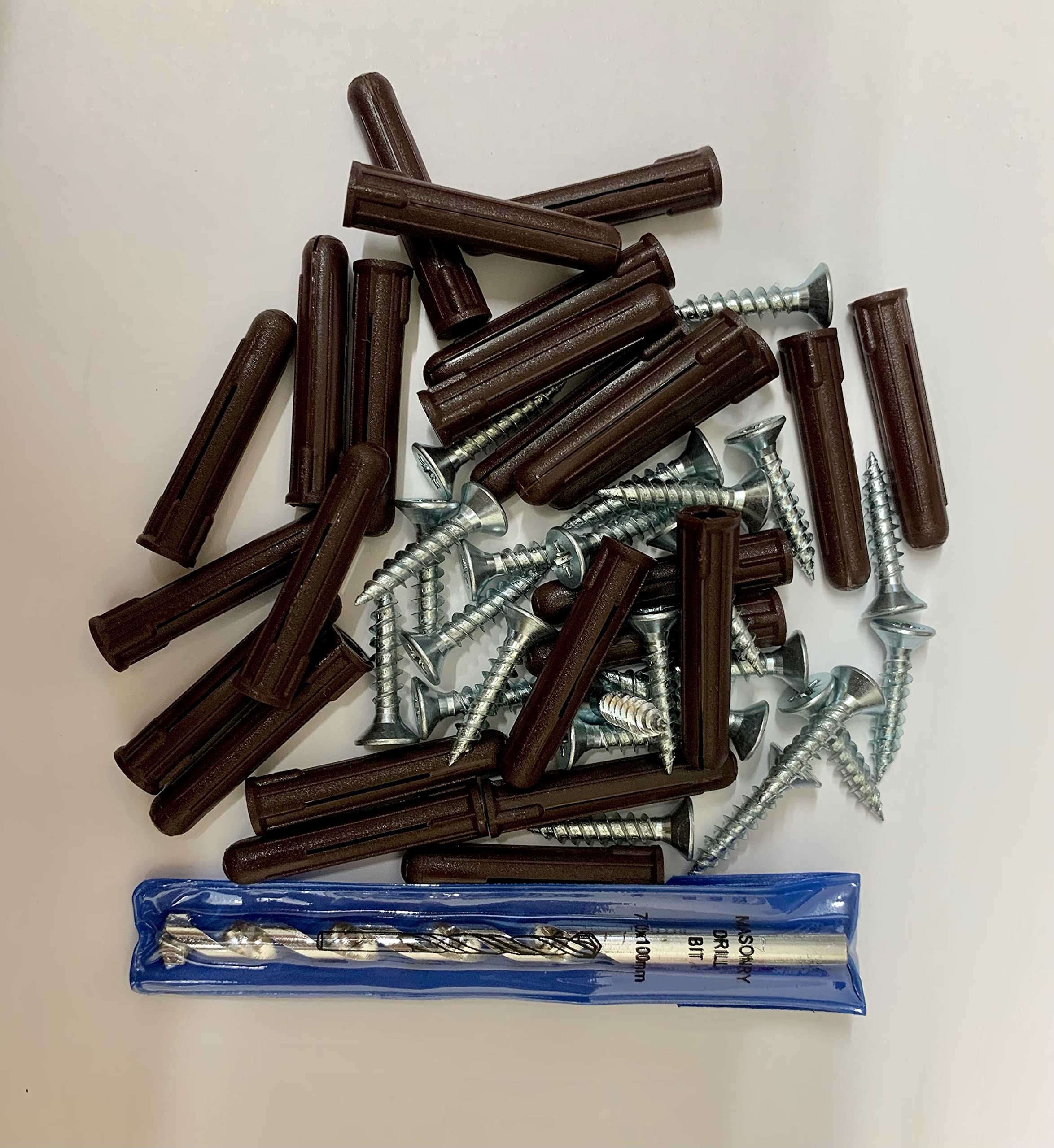 DIY Kit, 7mm Masonry Drill Bit, 24 X Screws, 24 x Brown Wall Plugs