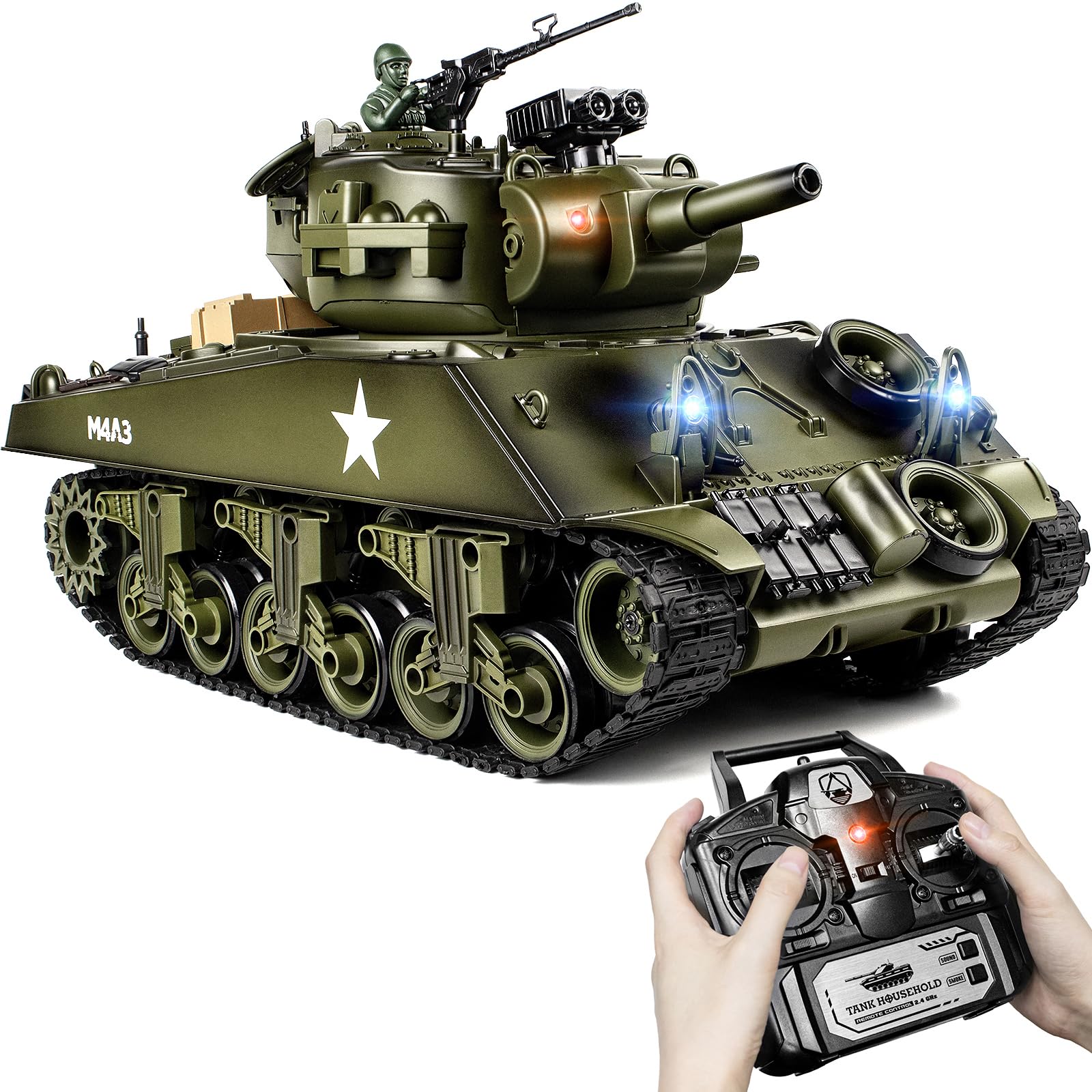 Supdex 1:18 RC Tank M4A3 Sherman, Remote Control Tank, Remote Control WW2 Military Toy with BB Shooting, Smoke, Lights Sound, Realistic Army Model for Kids Adults, Gift for Boys