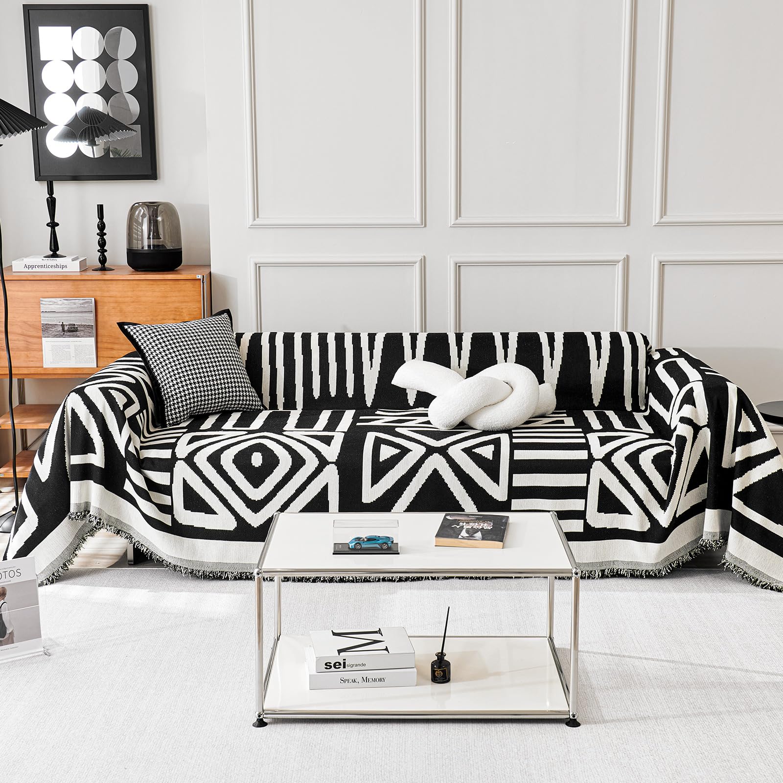 TAOTAOGO Sofa Cover 3 Seater Boho Chenille Corner Sofa Slipcover Washable L Shape Sofa Covers AB Sided Sectional Couch Cover with Tassel Furniture Protector for Pet All-Season A Black 180x340cm