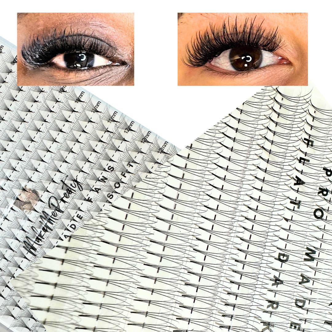 MakeMePreety Promade/Premade Mix Fans | Handmade Volume Eyelash Extensions | Multi Selection from 3D - 8D | 0.7-0.10 | Easy Pick Up & Application | Large Tray | (8D, 0.7, C CURL)