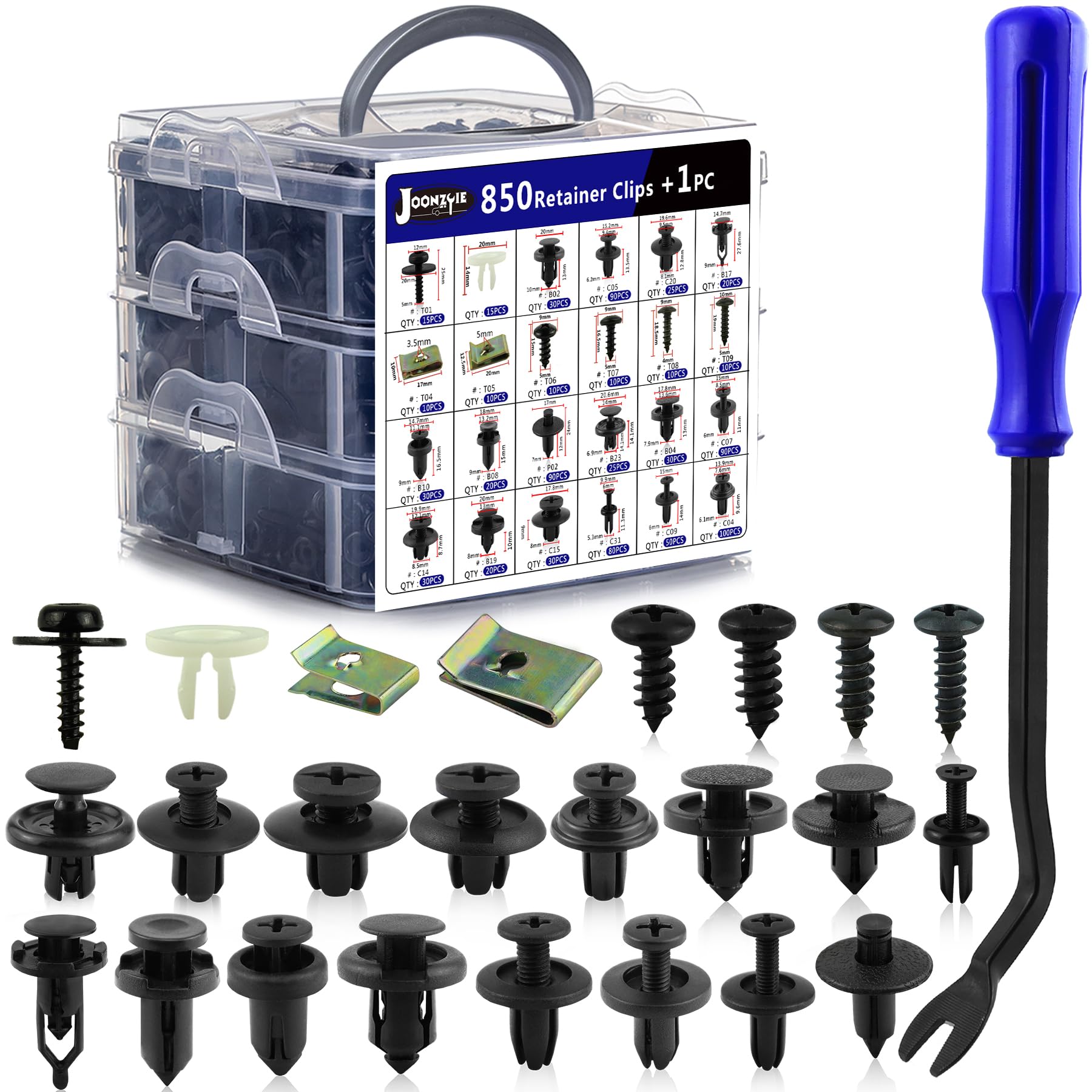 Photo 1 of JOONZOIE 851PCS Car Push Retainer Clips Plastic Rivets 24 Popular Sizes Metal Screw Auto Fastener Push Pins Kit with Fastener Remover for GM Ford Toyota Honda Chrysler Acura