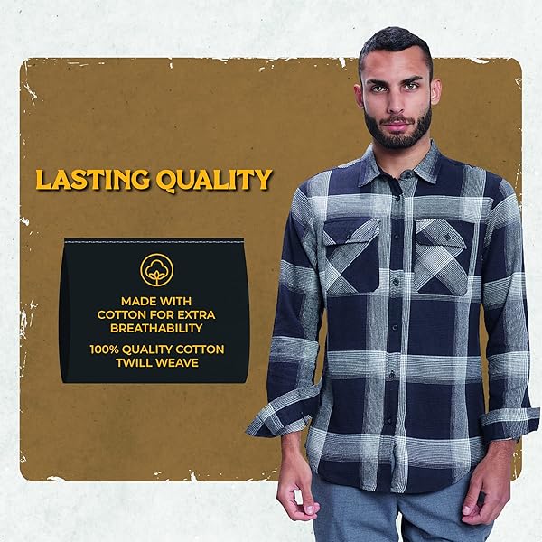 FLANNEL SHIRT FOR MEN, LONG SLEEVE PLAID BUTTON DOWN CASUAL SHIRT OFF-WHITE