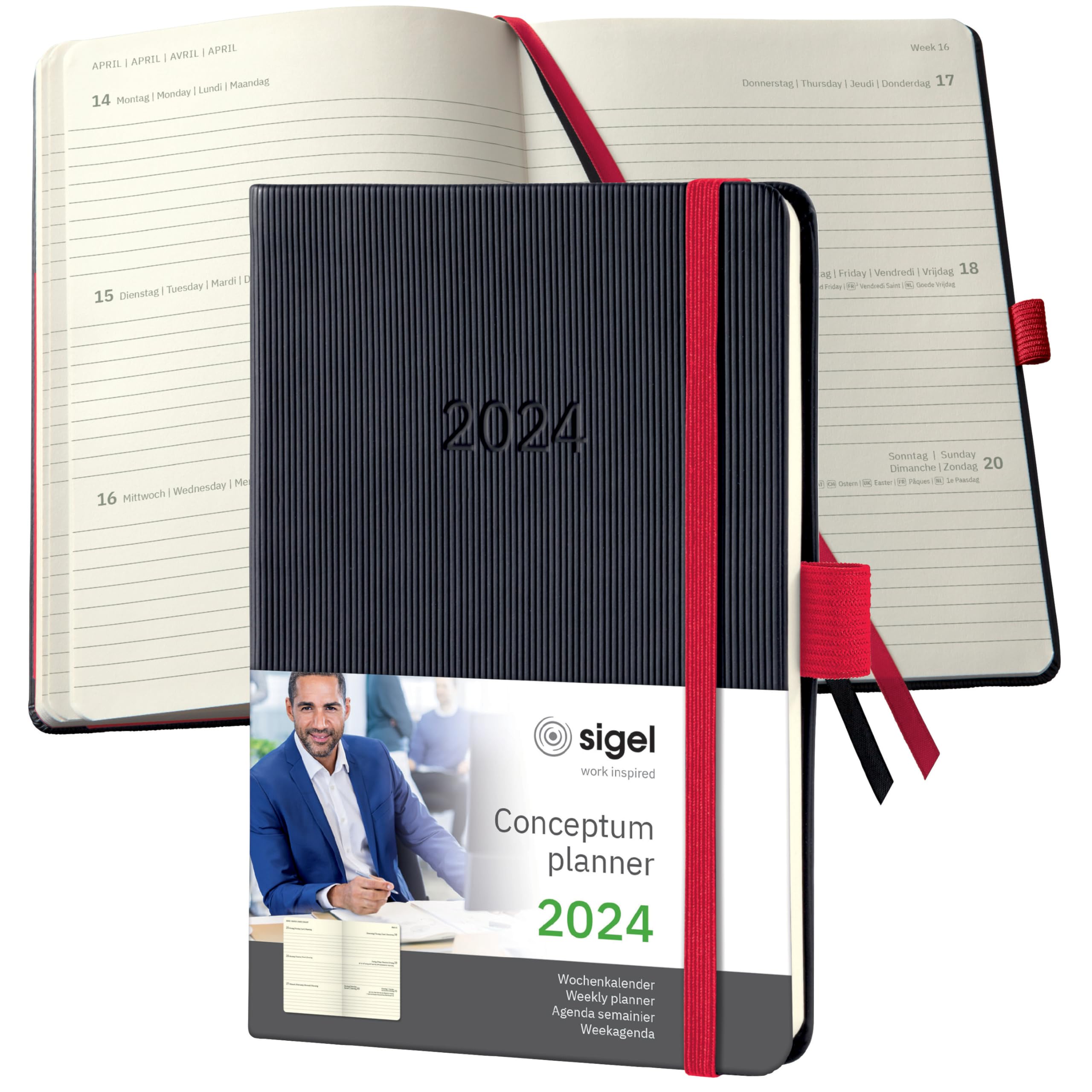 SIGEL C2509 Conceptum Weekly Planner 2025, Approx. A6, Black, red, hardcover, 2 Pages = 1 Week, 176 Pages