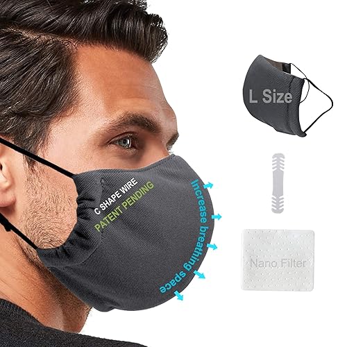 Amazon Com Meb Large Face Mask Reusable With Filter Pocket Stock In Us 2 Layers Breathable Droplets Protection Materials C Wire Patent Pending Design Washable Sport Outdoor Use Gray L Pack