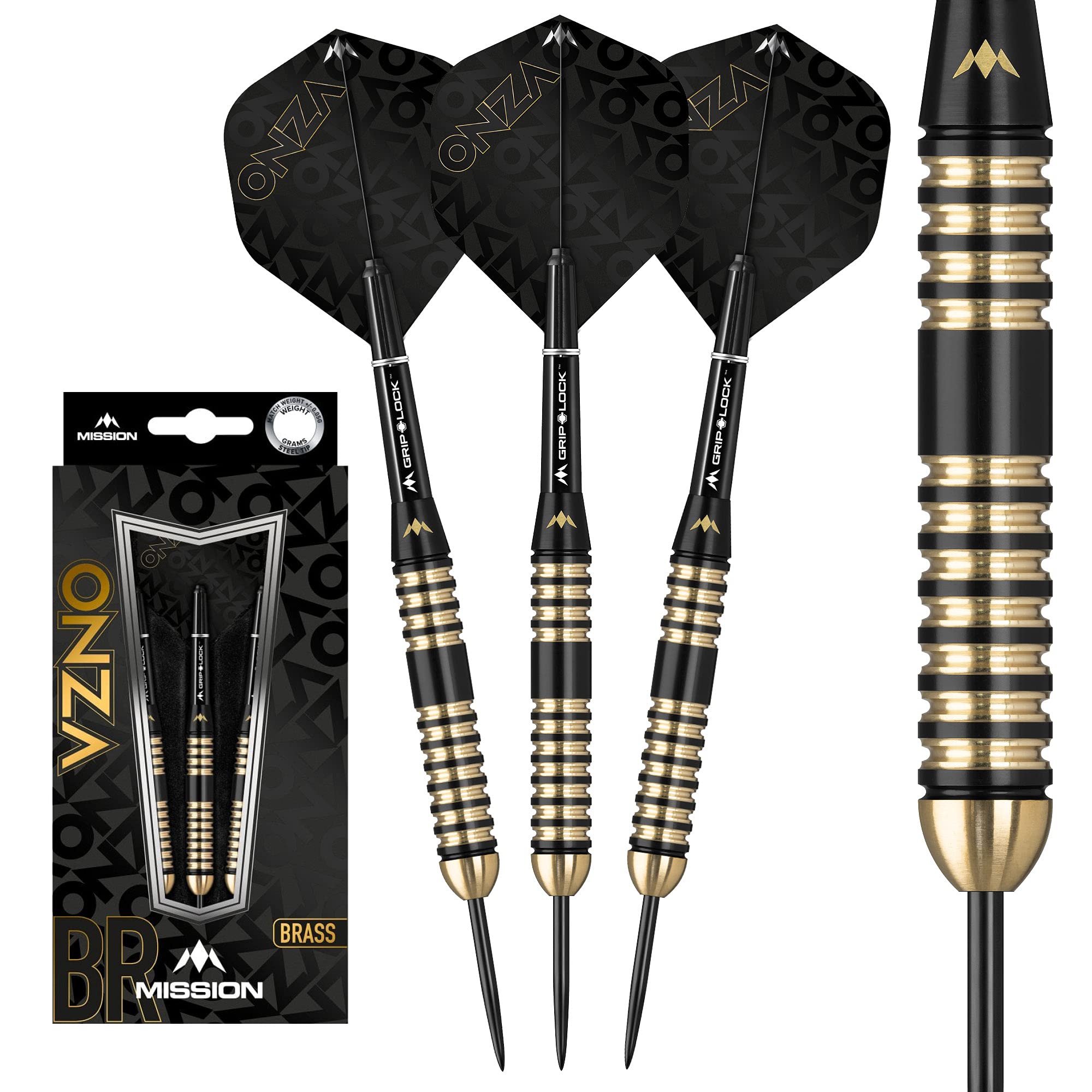 Mission Darts D1578 Onza | 24g Professional Steel Tip Darts Set Including Brass Barrels, Points and Flights, M4, Black/Gold