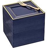 WDF 200PCS Blue Plastic Dessert Plates with Plastic Forks -6’’ 100 Square Disposable Appetizer Plates Small Cake Plates with Gold&100 Navy Blue Small Appetizer Forks for Wedding Birthday Passover