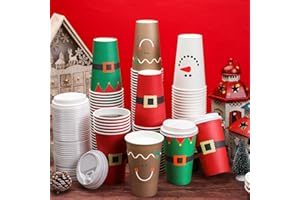 Dandat 16 oz 24 Pcs Christmas Coffee Paper Cups with Lids Disposable Christmas Paper Cups for Hot Cocoa Tea Beverage Holiday Xmas Party Supplies