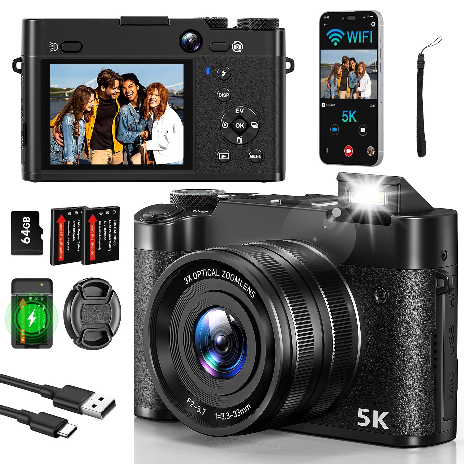 5K 64MP Digital Camera, WiFi Cameras for Photography & Video, 3X Optical Zoom Autofocus Travel Vlogging Camera for YouTube, 64GB Card, 2 Batteries