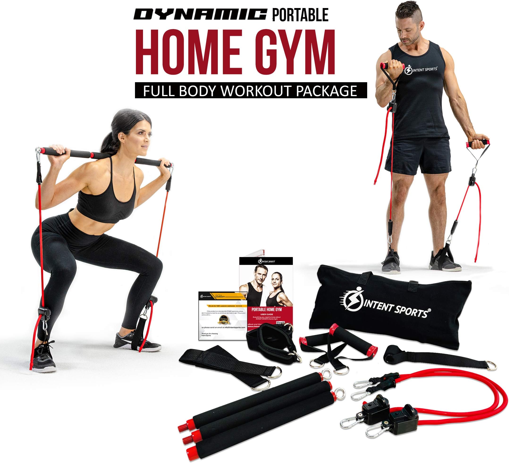 INTENT SPORTS Portable Home Gym – Dynamic Total Body Workout Package with Resistance Bands, Collapsible Bar, Handles, Straps - Strength Training Fitness Technology for Home, Travel (Patent Pending)