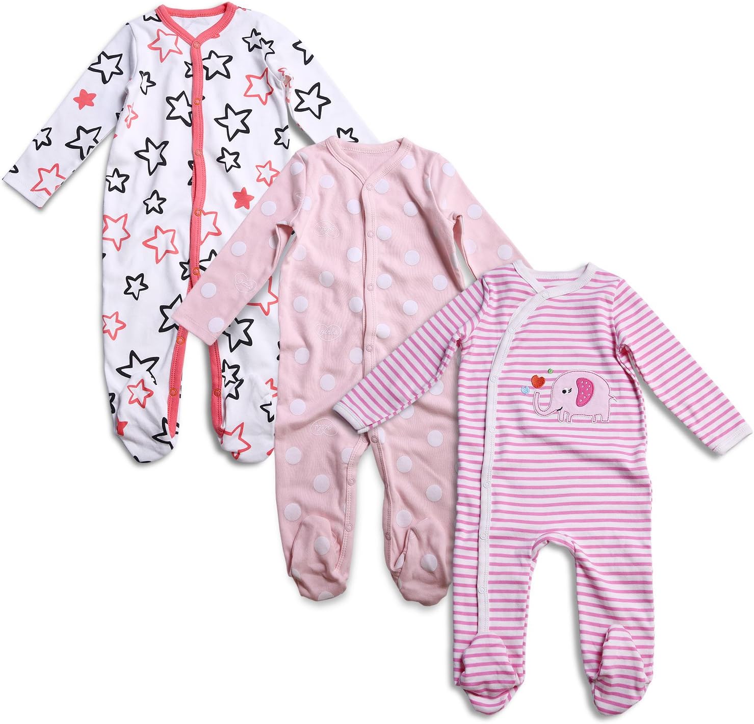 Newborn Baby Boy Girl Footed Pajamas 3-Pack Cotton One-Piece Coveralls Jumpsuits Sleeper Romper