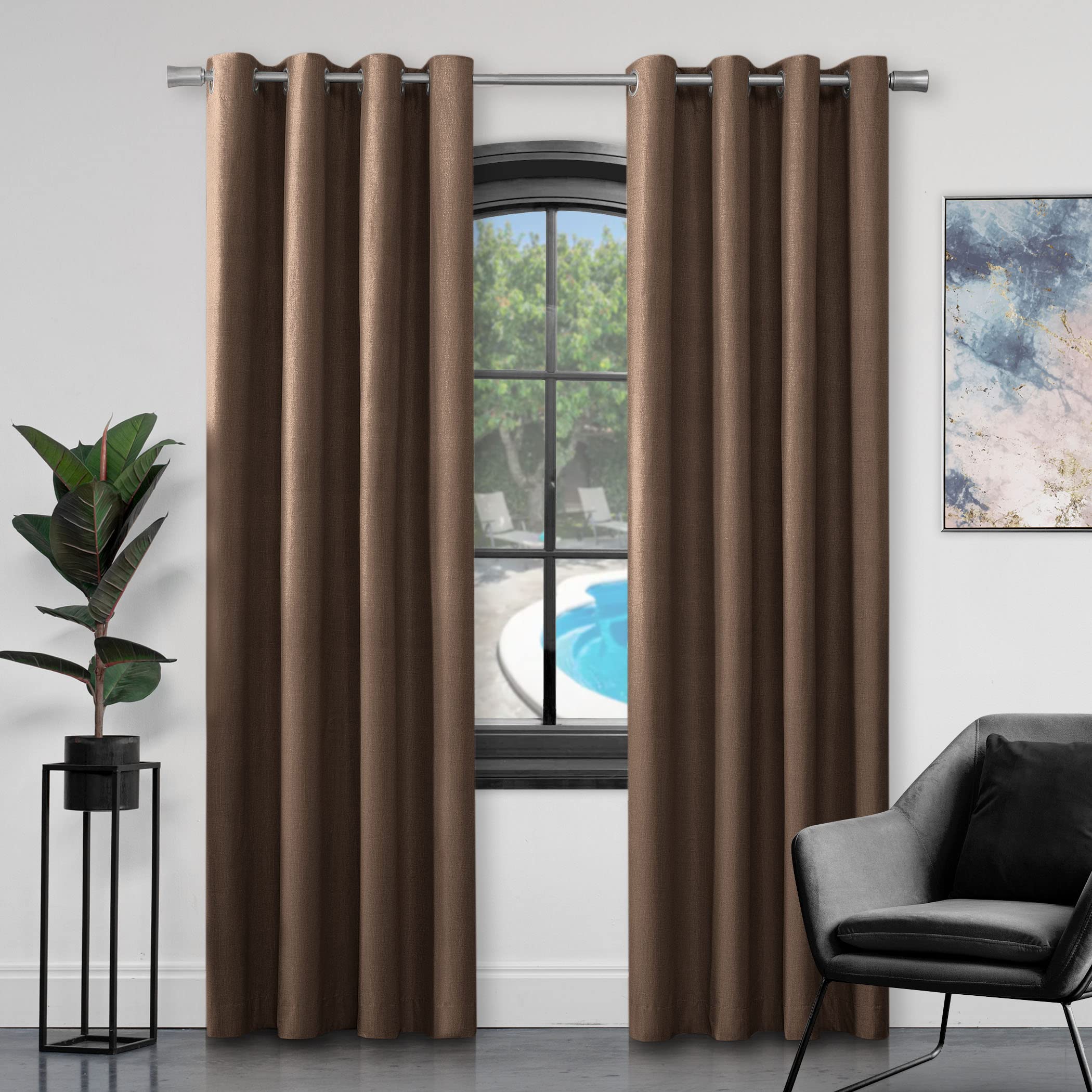 GC GAVENO CAVAILIA Faux Silk Eyelet Curtains For Living Room, 100% Polyester Ring Top Fully Lined Drapes, Brown, 66x54 Inch