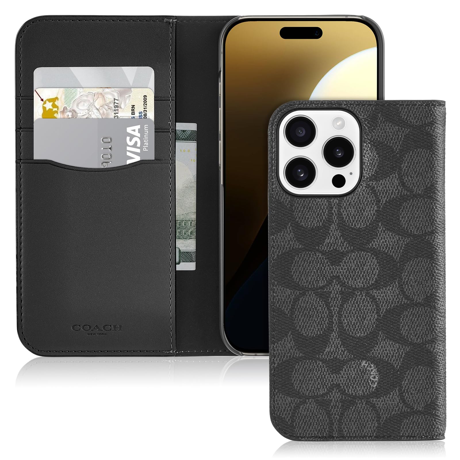 Photo 1 of Coach Signature Canvas Wallet Folio iPhone 16 Pro Max Case - Designer Phone Case - Signature Charcoal