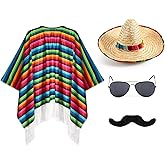 Yahenda 4 Pcs Mexican Style Costume Set for Adults Include Mexican Serape Poncho Sombrero Sunglasses Moustache