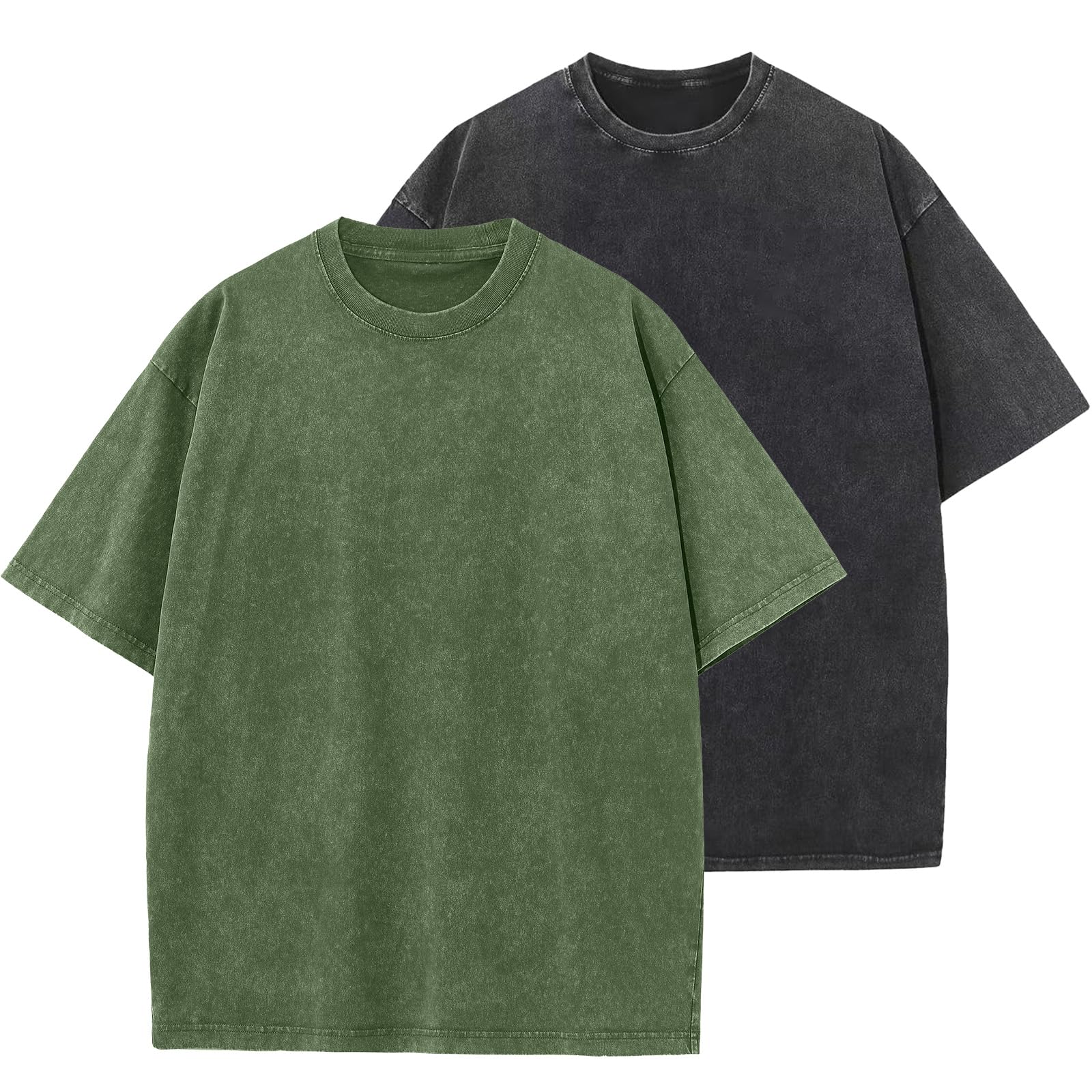 2 Pack Men's Oversized Cotton T-Shirts Loose Fit Vintage Tee Short Sleeve Casual Tshirts Solid Tops(BKAG,L) Image