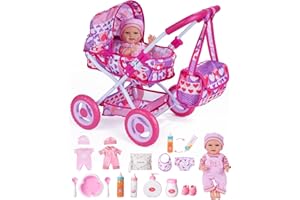 BABESIDE Baby Doll Stroller Set with 12 Inch Baby Doll, 14 Pcs Baby Doll Accessories, Folding Doll Pram Pretend Play Set, Fee