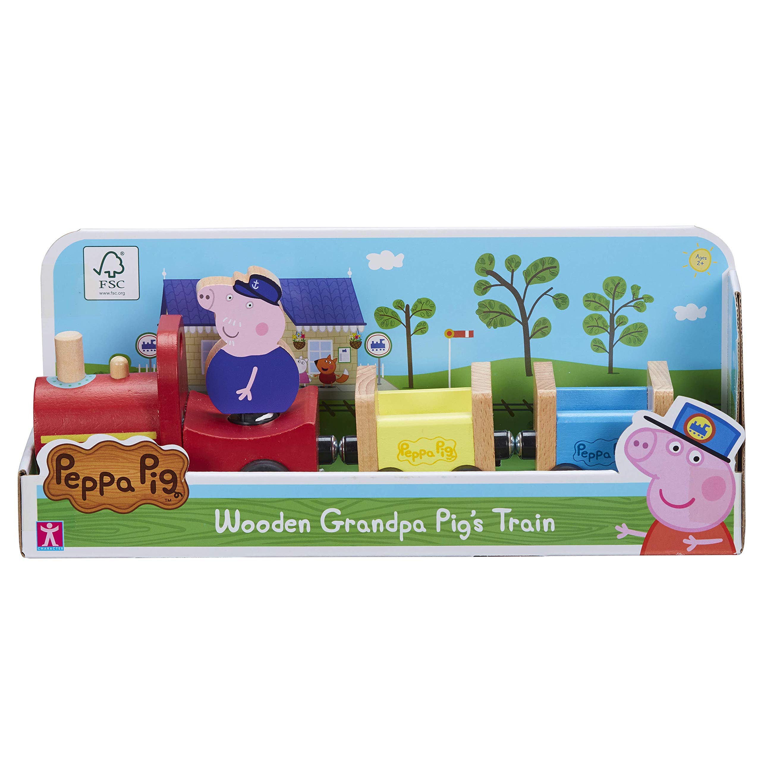 Peppa Pig Wooden Grandpa Pigs Train, push along vehicle, imaginative play, preschool toys, fsc certified, sustainable toys, gift for 2-5 years old, Red