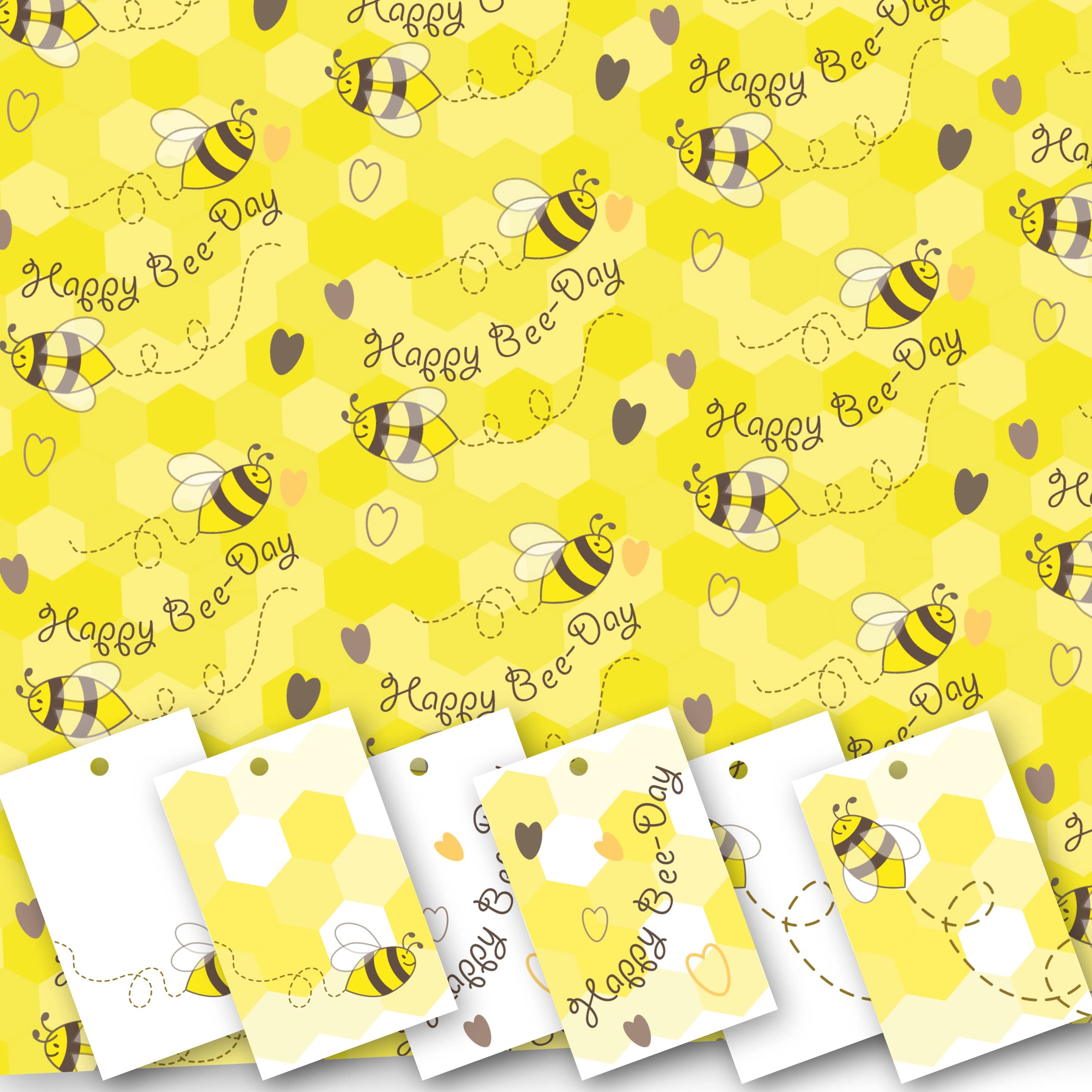 Birthday Wrapping Paper. "Happy Bee-Day" Design with Bees. 5 XL Sheets (50 x 70cm). Gift Wrap with Matching Tags. Cutting Grid on Reverse.
