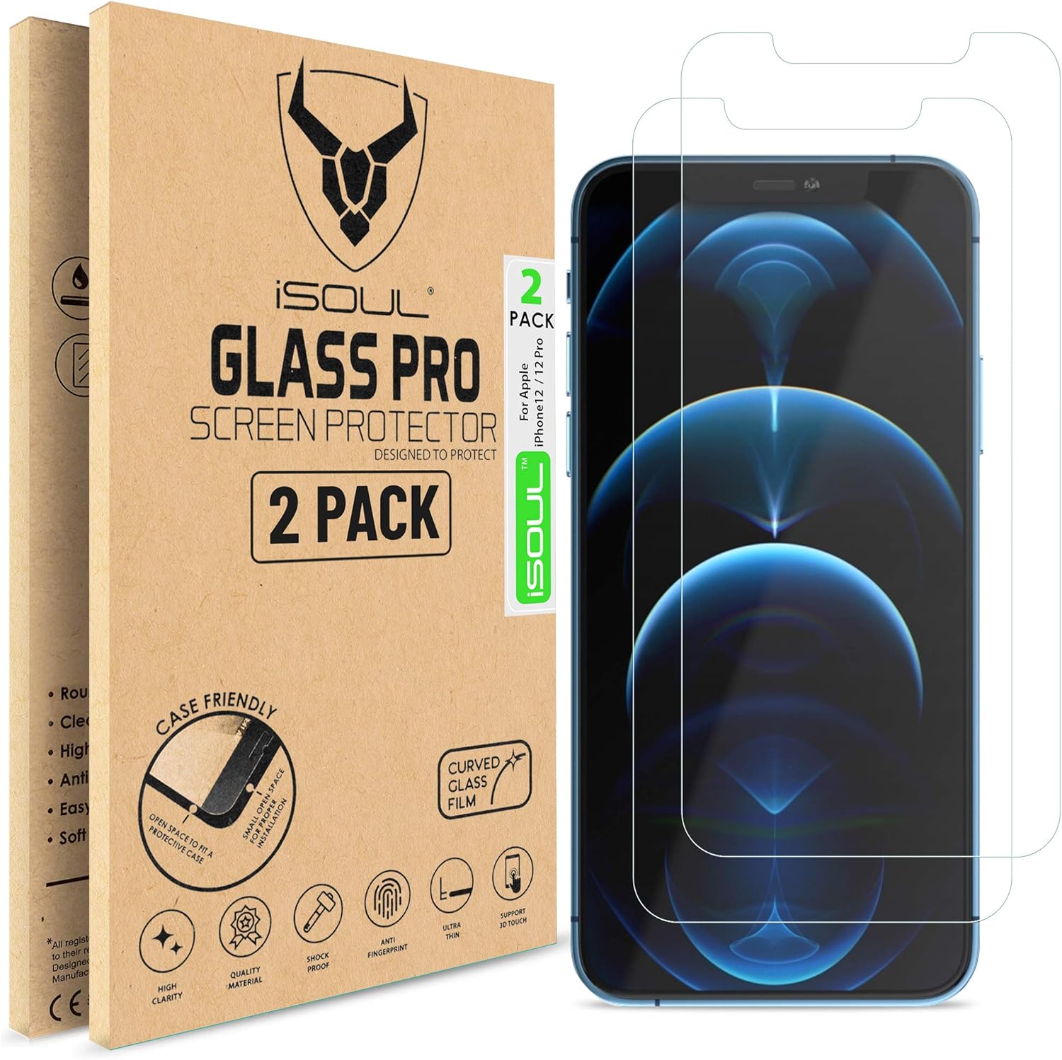 iSOUL Screen Protector Compatible With iPhone 12 Pro Max 6.7 Inch, Tempered Glass Film, 2-Pack, Transparent