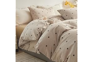 AMZTOP Duvet Queen Size Cover Set - Little Brown Hearts Comforter Cover with Zipper Closure - 3 Pieces, Includes 1 Duvet Cover& 2 Pillow Shams, 100% Cotton Queen Bedding Sets for Teen Girls