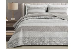 Chezmoi Collection Robyn 3-Piece Neutral Taupe Gray White Floral Hibiscus Flower Patchwork Striped Quilt Set - Pre-Washed Cotton Coverlet - Lightweight Reversible Bedspread, King Size