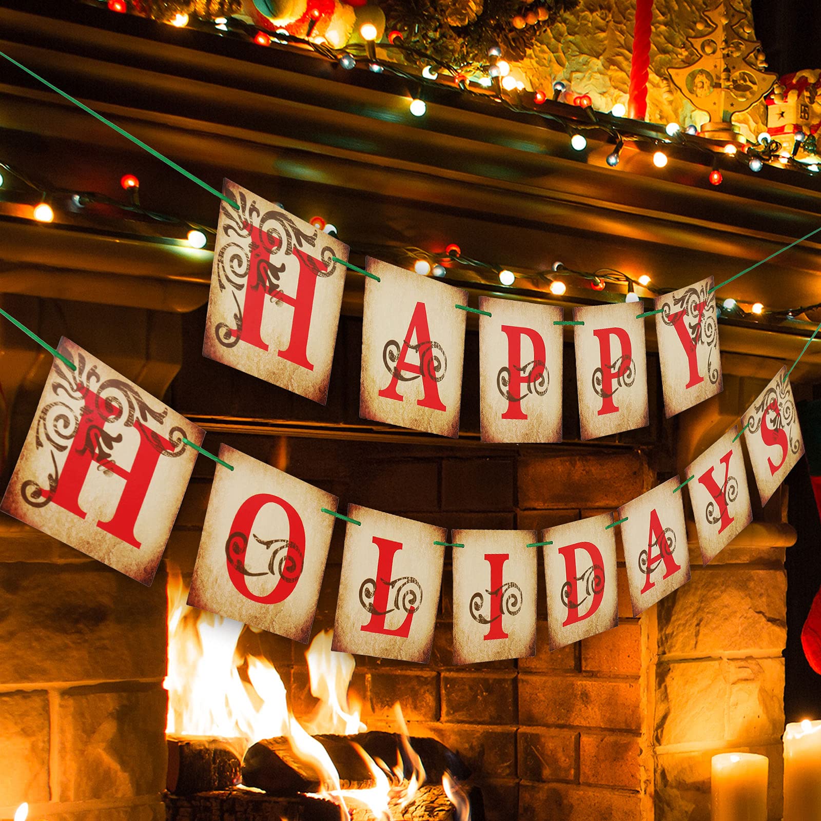 Whaline Happy Holidays Banner Pre-Assembled Christmas Banner Vintage Xmas Decorations for Home Office Indoor Outdoor Mantel Fireplace Hanging Decor
