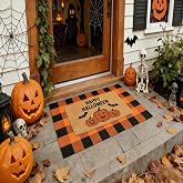 2 Pcs Halloween Coir Doormat for Front Door 27.5 x 43 Inches with Orange & Black Buffalo Plaid Rug, Layered Non Slip Welcome Mats for Halloween Porch Entryway & Indoor Outdoor Decor
