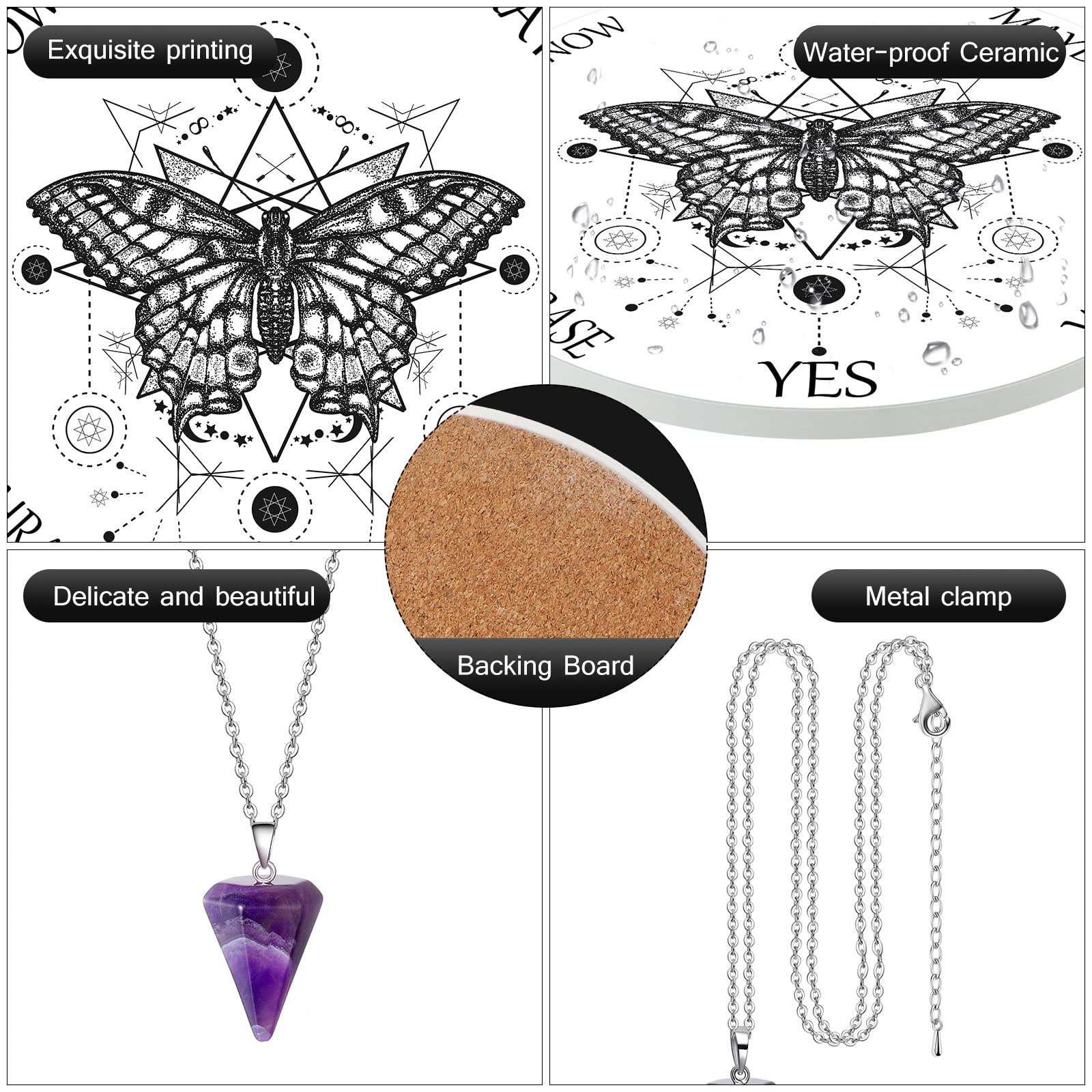 Butterfly Board Dowsing Divination Pendulum Witchcraft Altar Supplies with Crystal Necklace Metaphysical Message Witch Stuff Ceramic Pendulum Crystal for Beginner(Ceramic Board)