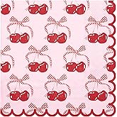WRAPAHOLIC 50Pcs Pink Bow Cherry Cocktail Napkins - 3-Ply Lovely Pink Bow Cherry Disposable Paper Napkins for Girl Birthday Wedding Tableware Party Supplies - 5 x 5 In