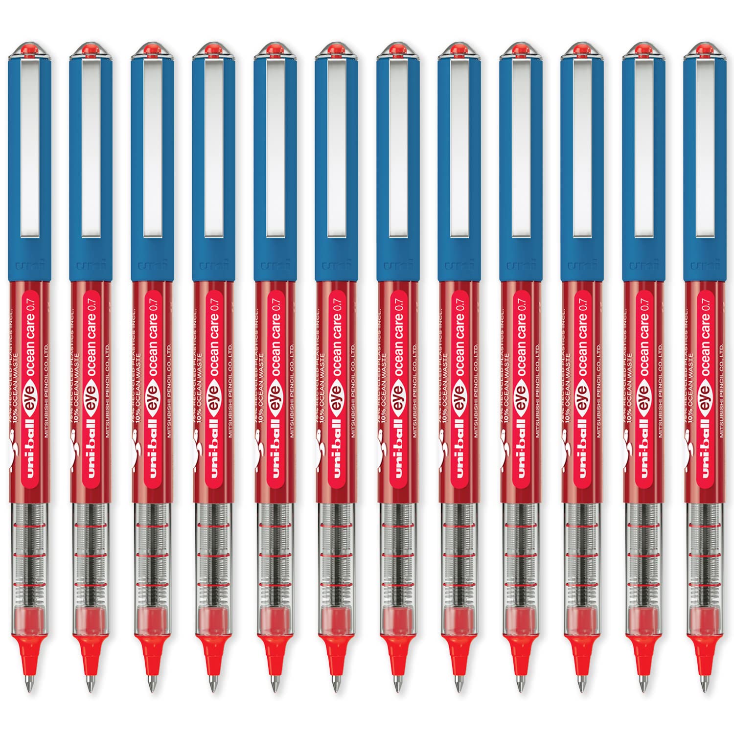 uni-ball Eye Ocean Care UB-157ROP Rollerball Pens - Fine 0.7mm Ballpoint Tip - Writing, Drawing, Art, Crafts and Colouring - Fade and Water Resistant - Pack of 12 Red Ink