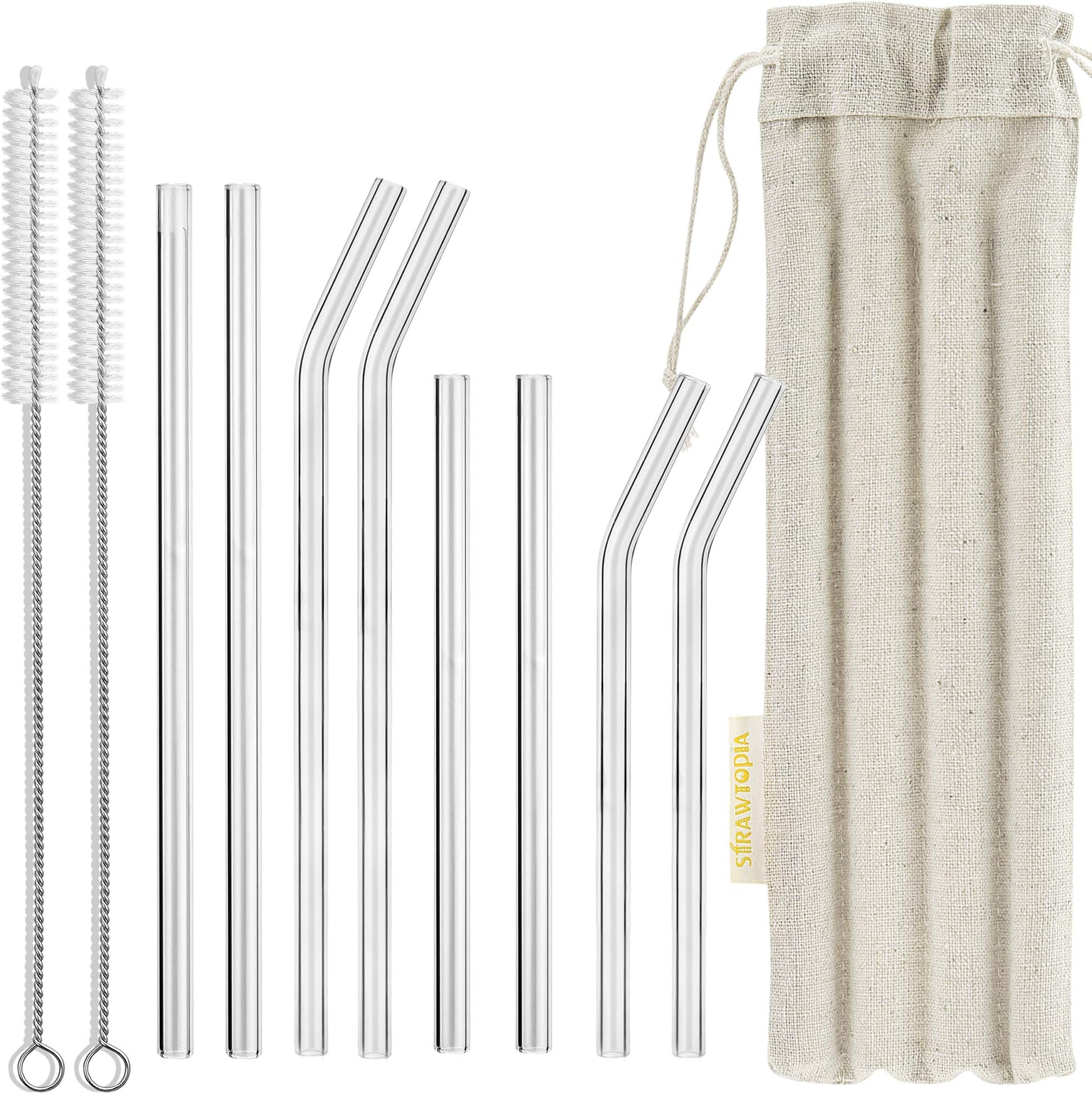 STRAWTOPIA Clear Glass Drinking Straws, 8 Reusable Straws with Case and Cleaning Brushes (4 Bent 4 Straight, 8mm 0.31 inches wide, Short and Long)