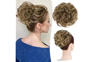 RUWISS Large Messy Bun Hair Piece 100% Human Hair Layered Wavy Curly Hair Buns Hair Piece for Women Thick Updo Hairpiece for Daily Wear Real Hair Ponytail Extension (Brown with Warm Blonde Highlights)