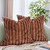 AmHoo Pack of 2 Decorative Throw Pillow Covers Faux Rabbit Fur Cozy Velvet Super Soft Fuzzy Striped Set Case Cushion for Couch Sofa Bedroom 18 x 18-Inch Brown