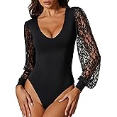 Avidlove Womens Long Sleeve Bodysuit Double Lined V Neck Lace Puff Sleeves Going Out Top Shirts Thong Leotard Body Suit