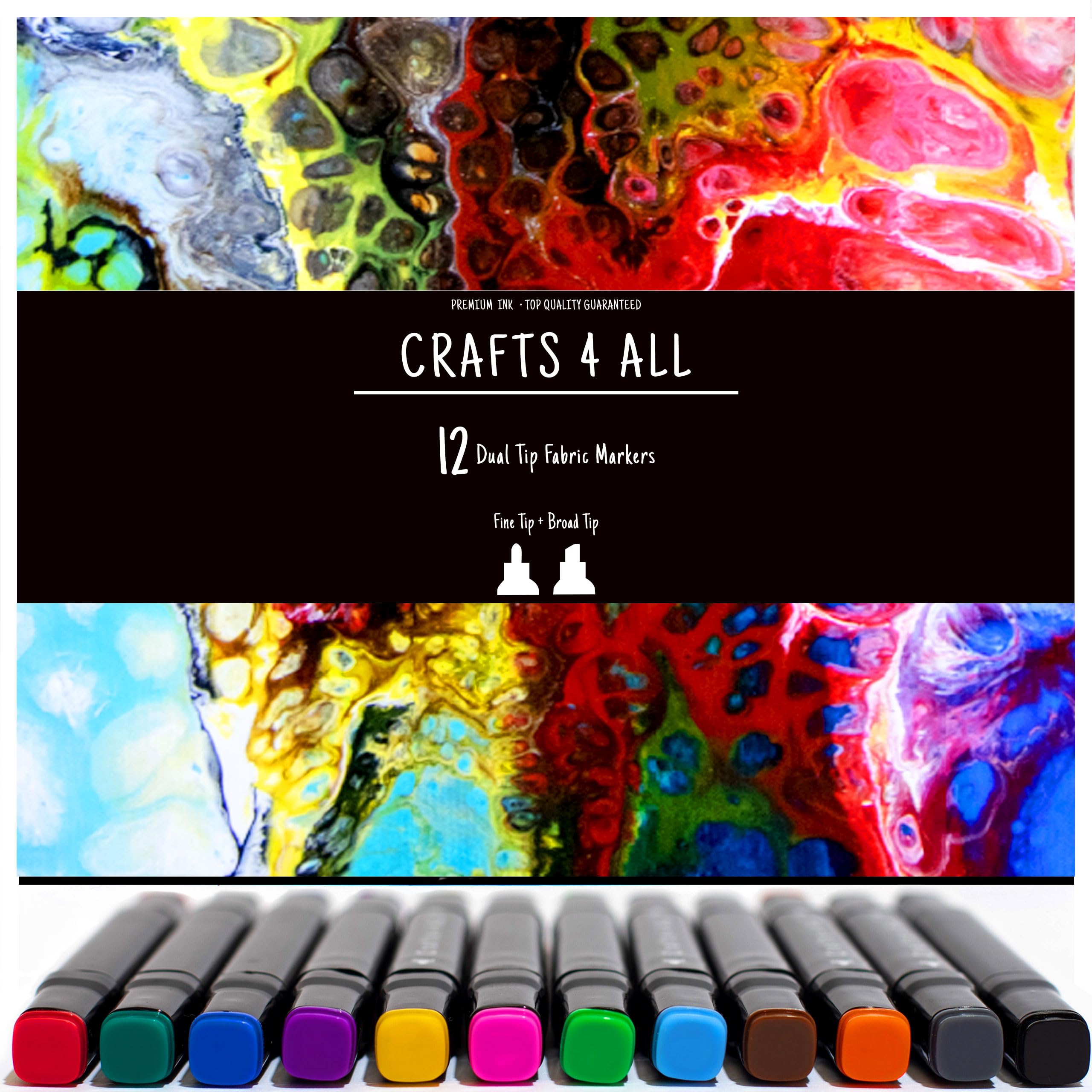 Crafts 4 ALL Fabric Pens - Pack of 12 Permanent, Dual Tip Fabric Markers in Vibrant Colours - Paint Pens for Paper, Bags, Shoes & Clothes