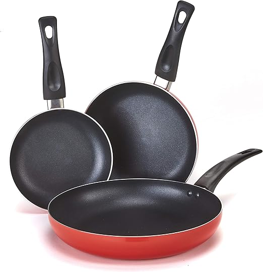 Frying Pan Set Nonstick Aluminum Saute Pans for Cooking 3Pc. Red Kitchen & Dining