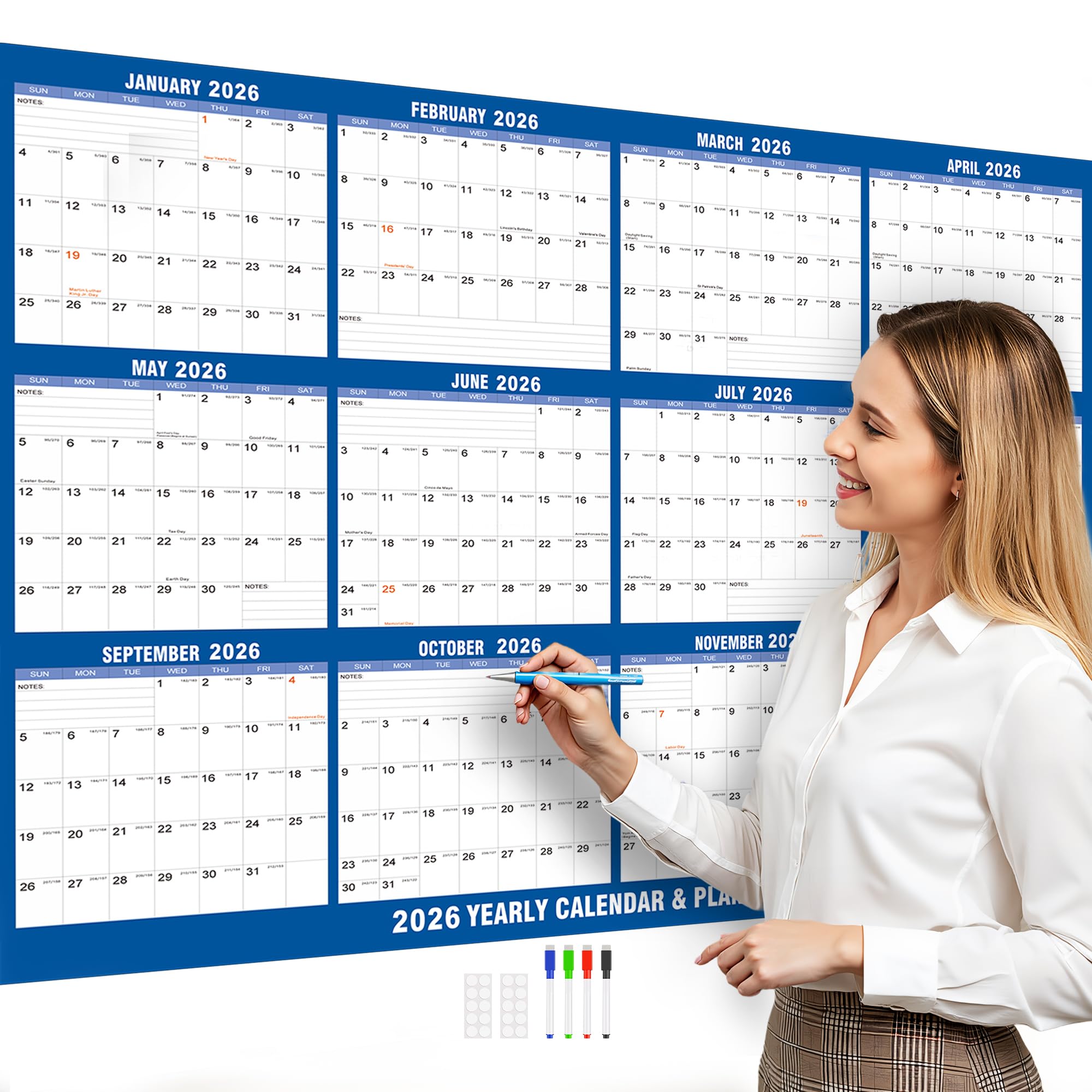 Photo 1 of 2026 Wall Calendar, Large Reversible Horizontal&Vertical Laminated Yearly Calendar-1 Page Poster Wet & Dry Erase Wall Hanging Calendar 12 Month Annual Planner for Office/Family/College/ Fitness (blue-24*36)