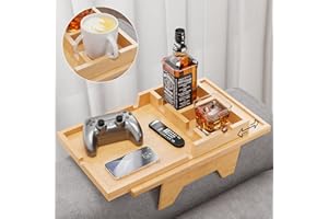 Bestjing Bamboo Couch Cup Holder - Sofa Clip on Side Table for Wide Arm - 2 in 1 Couch Arm Table with Be Slide-Away Detachable Cup Holder - Sofa Armchair Caddy Tray for Drinking Snacks iPad TV Remote