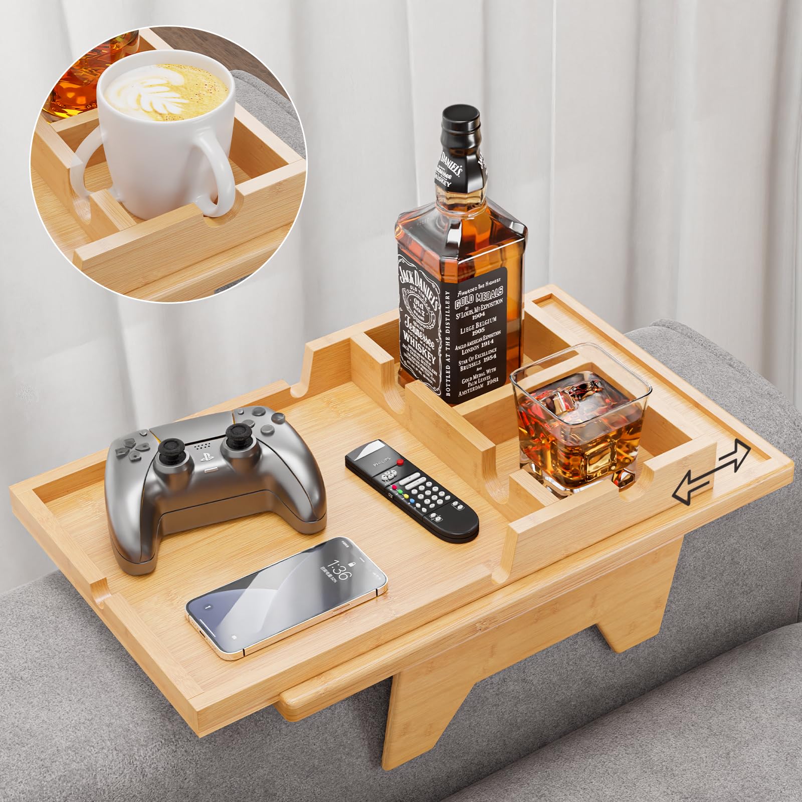 Bestjing Bamboo Couch Cup Holder Tray - 2 in 1 Couch Armrest Table with Be Slide-Away Detachable Double Holder - Sofa Armchair Caddy for Drinking Snacks iPad TV Remote Image