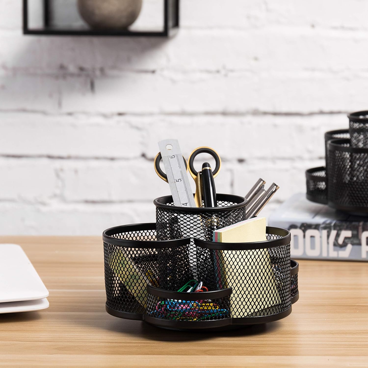 Rotating Black Metal Mesh 7 Compartment Desktop Office Supplies Storage Organizer Caddy Rack : Office Products