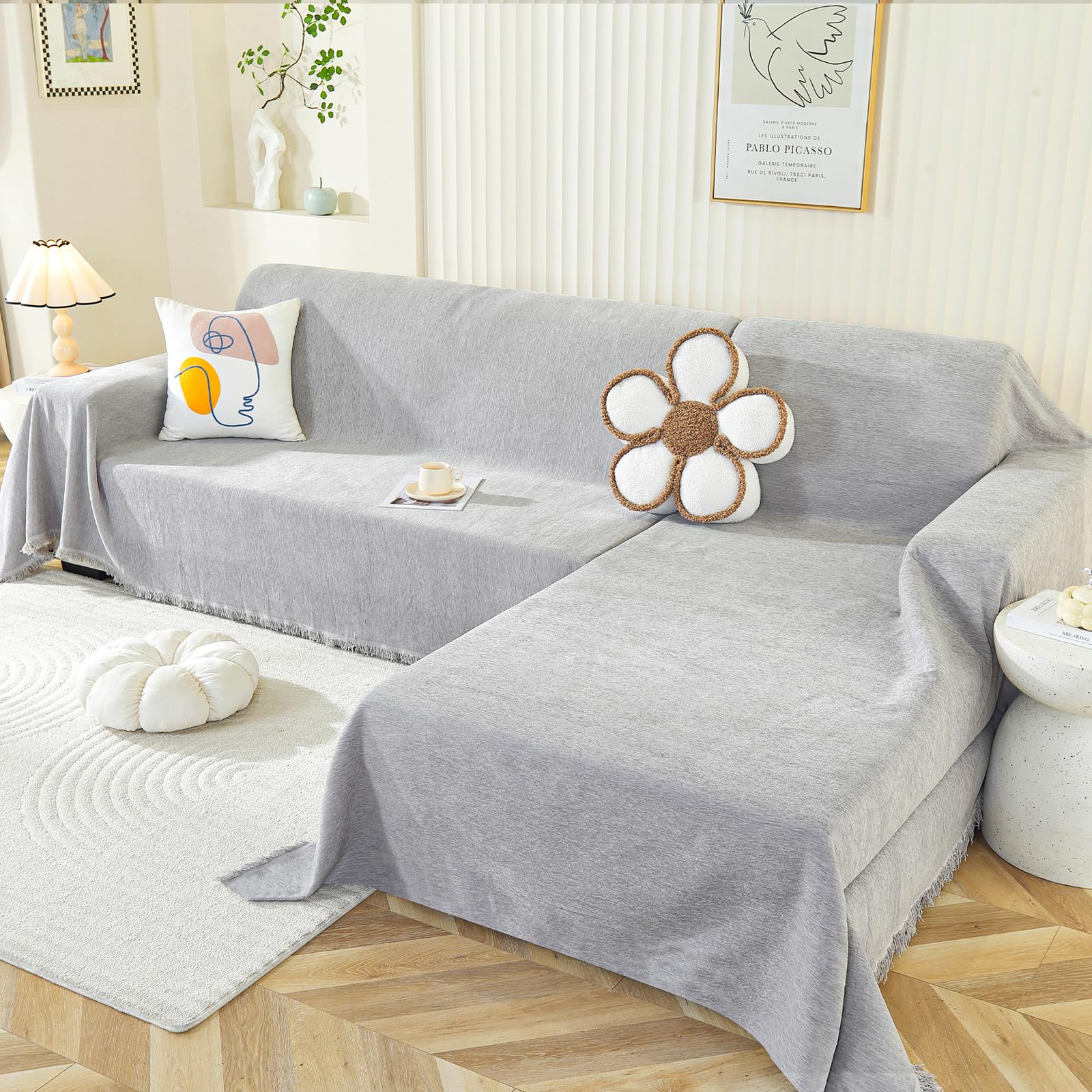 Photo 1 of OstepDecor Sectional Couch Covers 2 Pieces, L Shaped Sofa Cover, Chenille Couch Cover for Dogs Washable, Couch Cover Blanket, Sofa Slipcover for 2-3 Cushion Couch (71"x118"+91"x134", Light Grey)